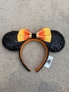 Disney Black Sequin Minnie Ears Headband with Orange Ombre Bow